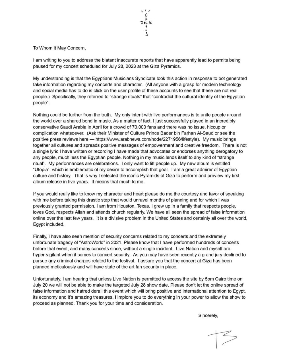 Travis Scott letter 