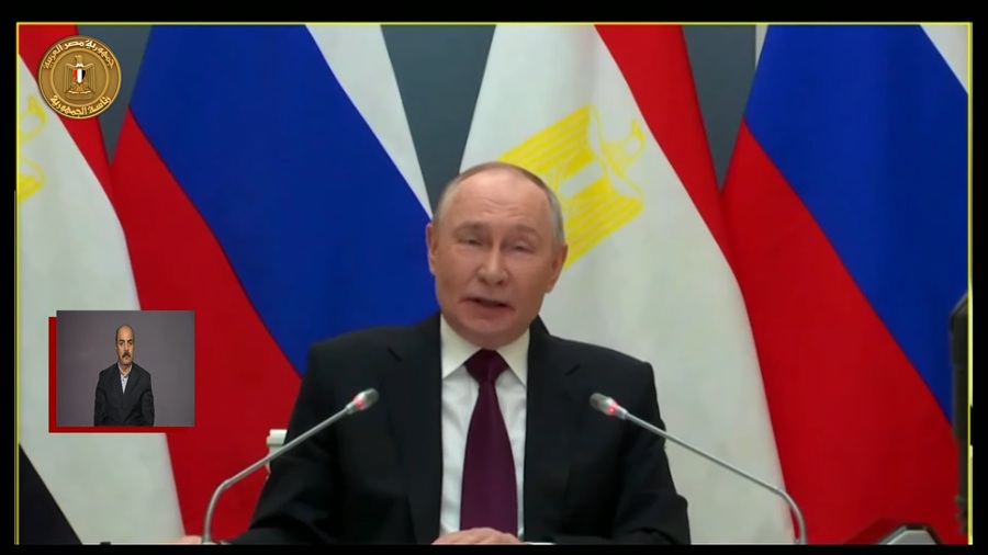 Russian President Vladimir Putin speaks during a ceremony to mark the installation of El Dabaa NPP pressure vessel