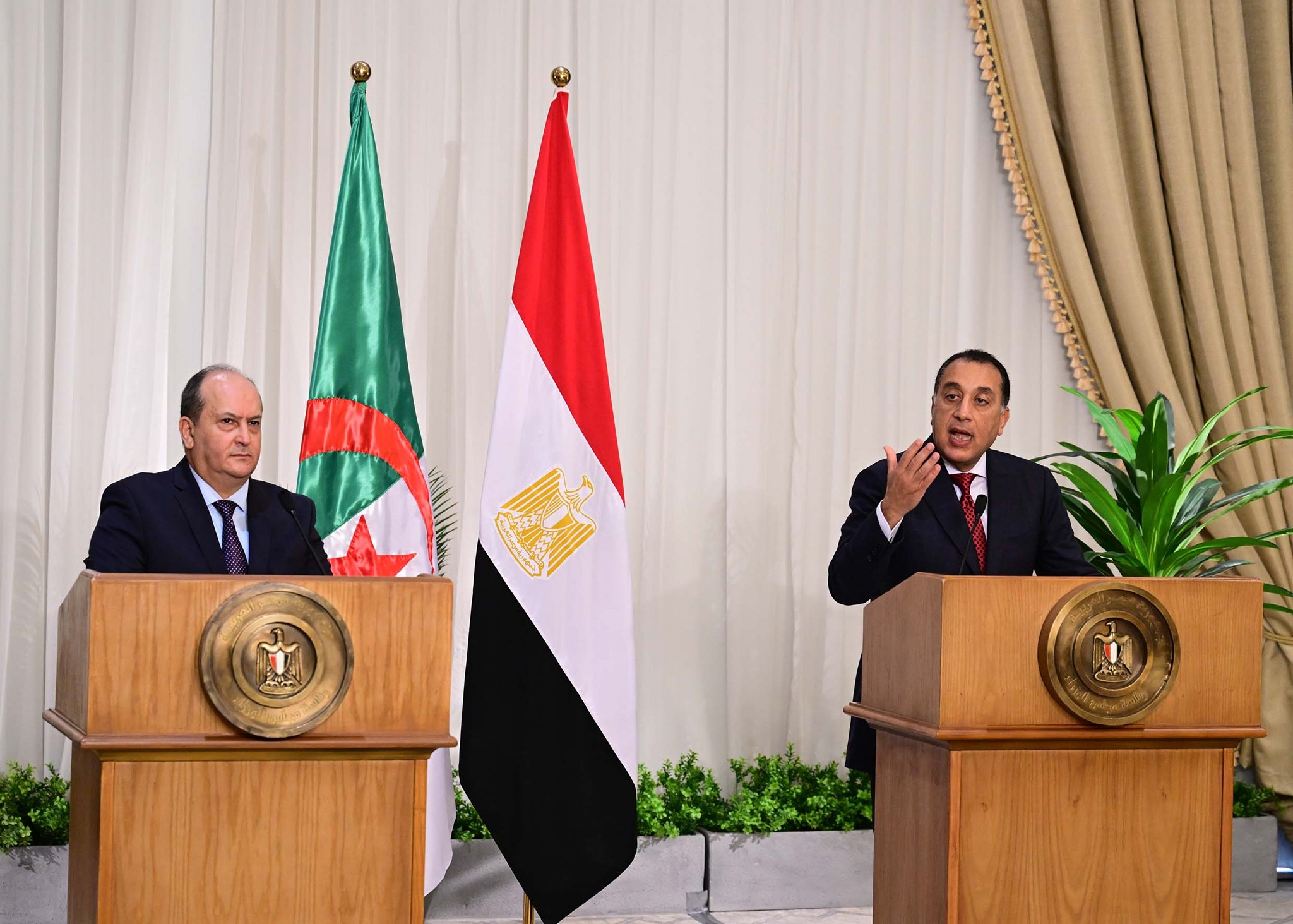 Egypt and Algeria prime ministers speak during a press conference