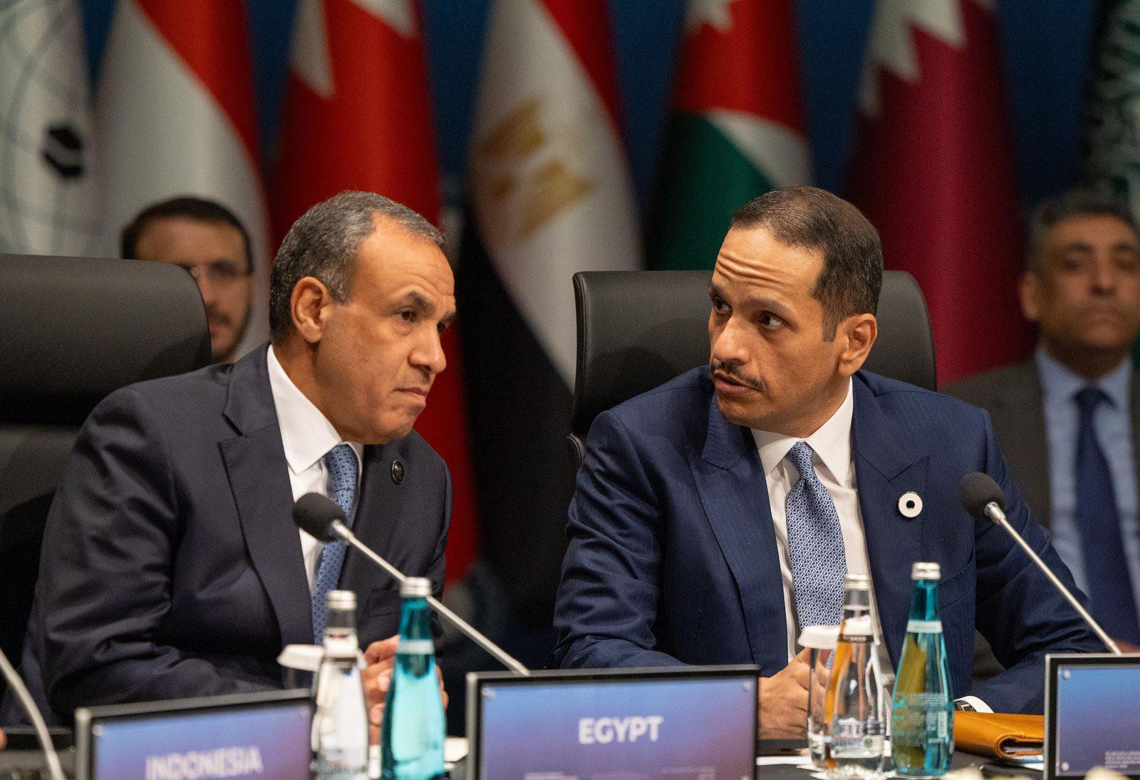 Egyptian FM Badr Abdelatty and Qatari FM Mohammed Al Thani talk during the OIC AL meeting in Antalya