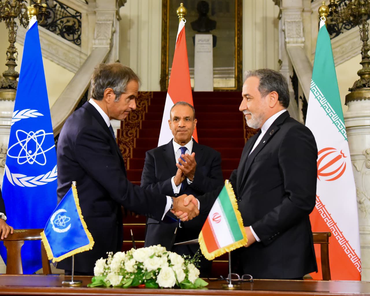 Egyptian Foreign Minister Badr Abdelatty witnesses the signing of an agreement between Iran and the IAEA in Cairo to restore cooperation