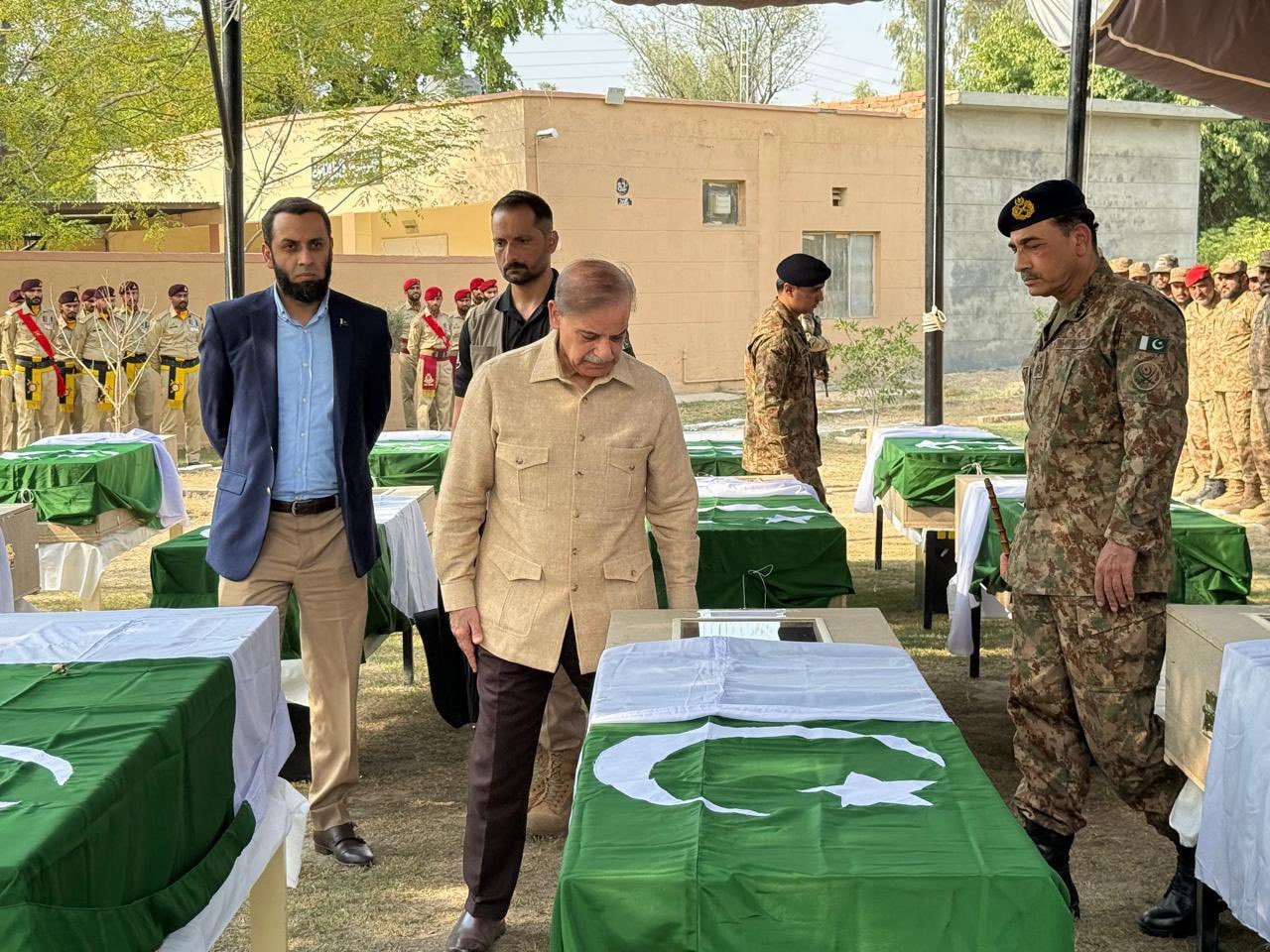 Pakistani Prime Minister Shehbaz Sharif and Field Marshal Syed Asim Munir Chief of Army Staff offers funeral prayers for South Waziristan attack victims