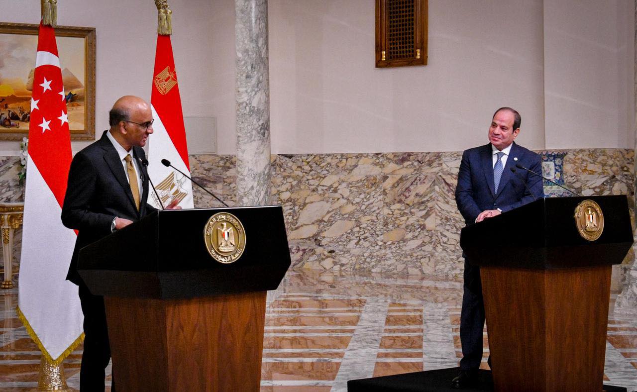 Egypt and Singapore presidents speak during a press conference in Cairo