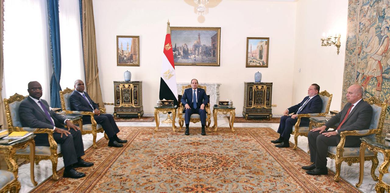 President Abdel Fattah El Sisi receives outgoing Afreximbank president Benedict Oramah and incoming president George Elombi