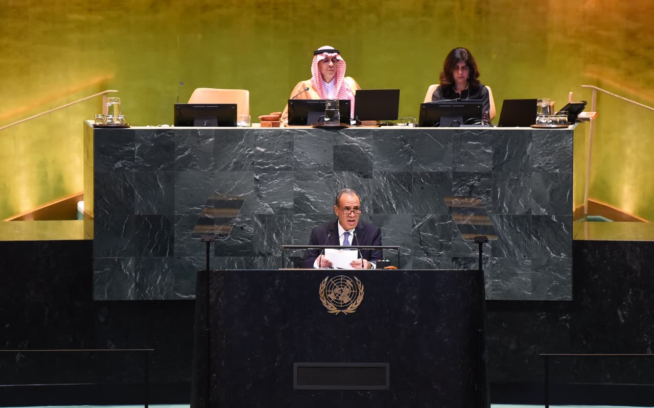 Egyptian Foreign Minister Badr Abdelatty delivers the nation speech at the UNGA