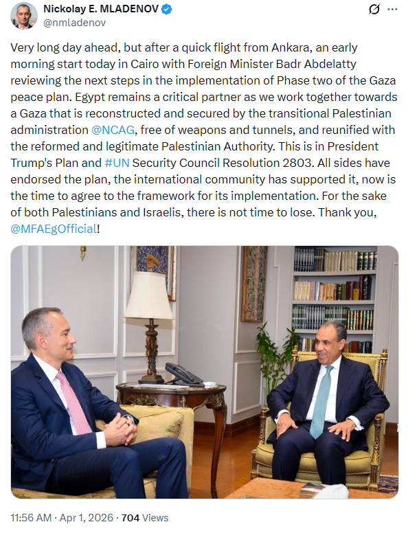 Mladenov wrote on X after meeting Abdelatty