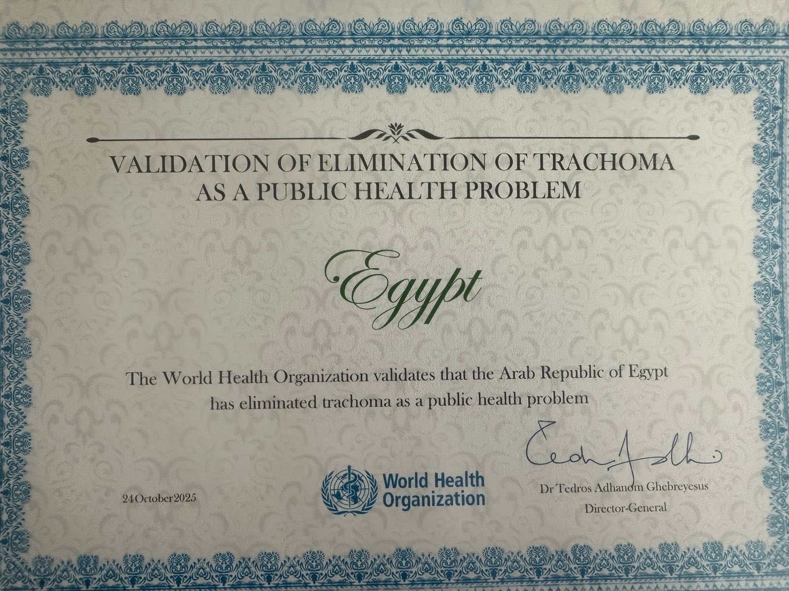 Egypt has received WHO trachoma free certification for second consecutive year