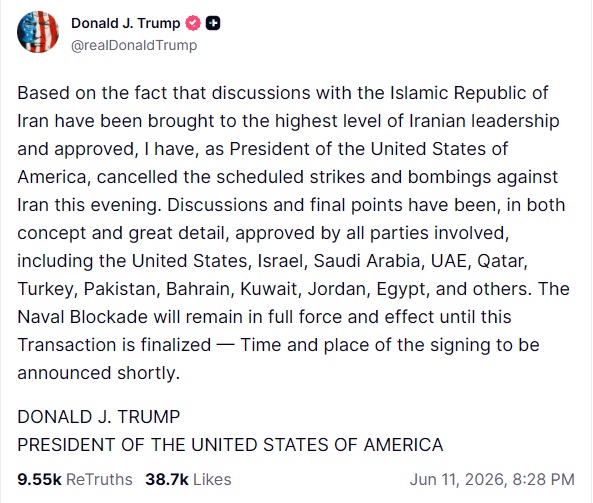 Trump X post on canceling attacks