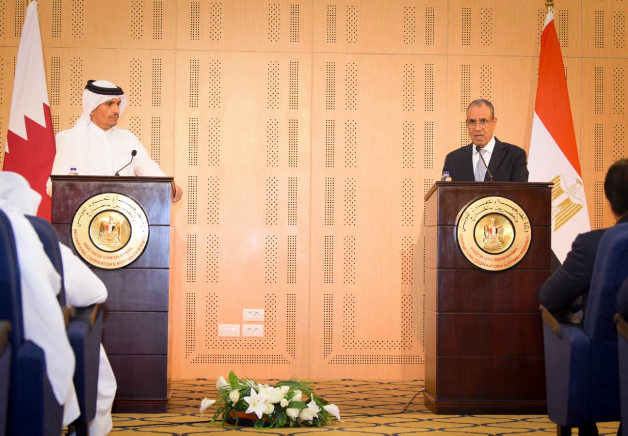 Egypt and Qatar foreign ministers speak during a press conference in Alamein