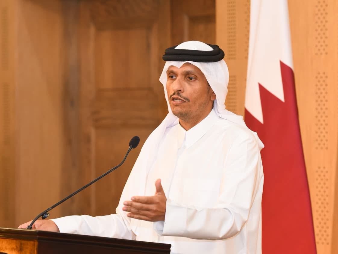 Egypt and Qatar foreign ministers speak during a press conference in Alamein 2