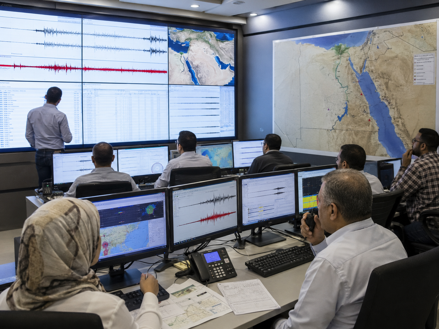 Emergency operations center monitoring the earthquake
