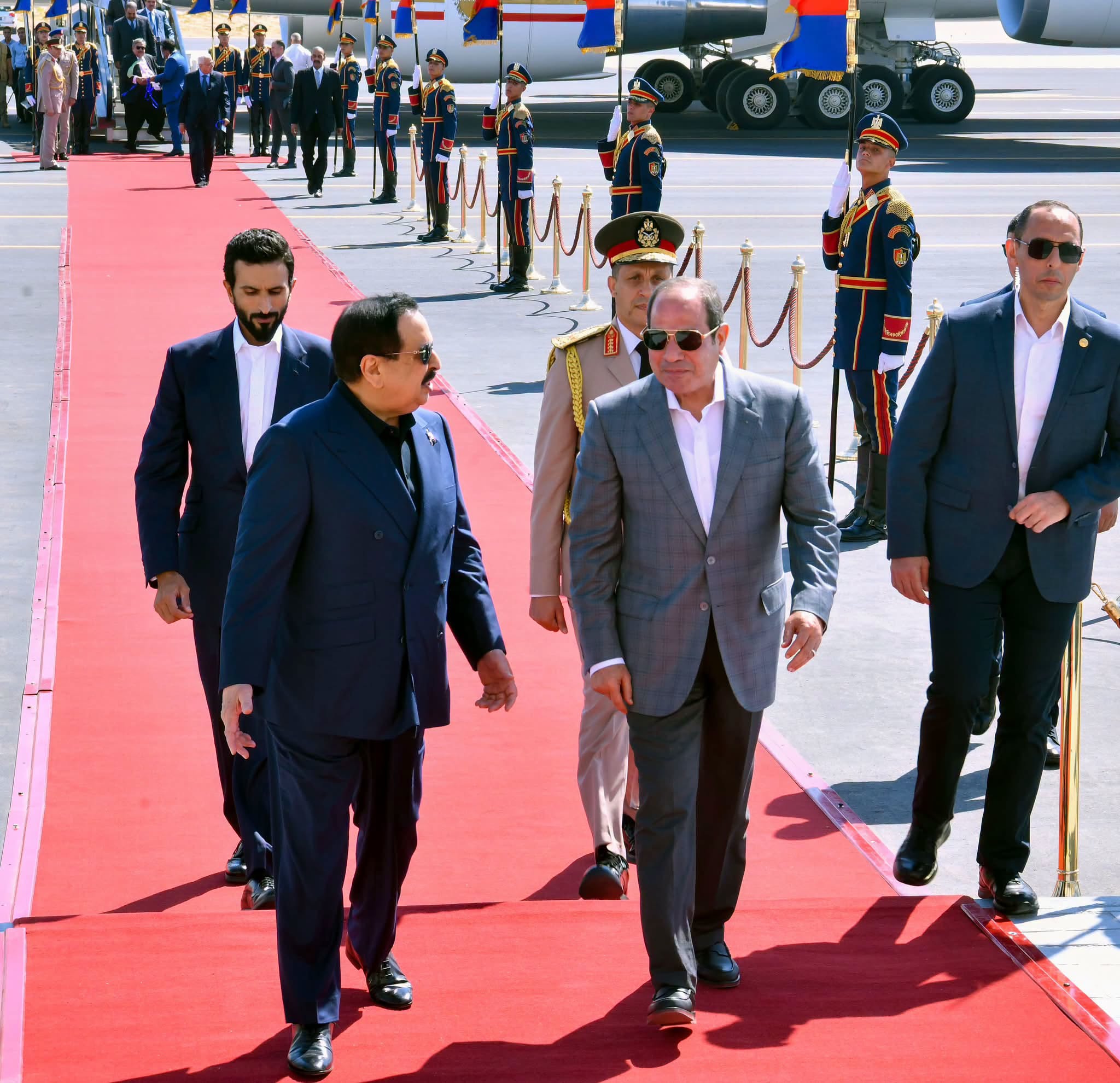 President Abdel Fattah El Sisi receives Bahrain King Hamad bin Isa Al Khalifa upon his arrival in New Alamein